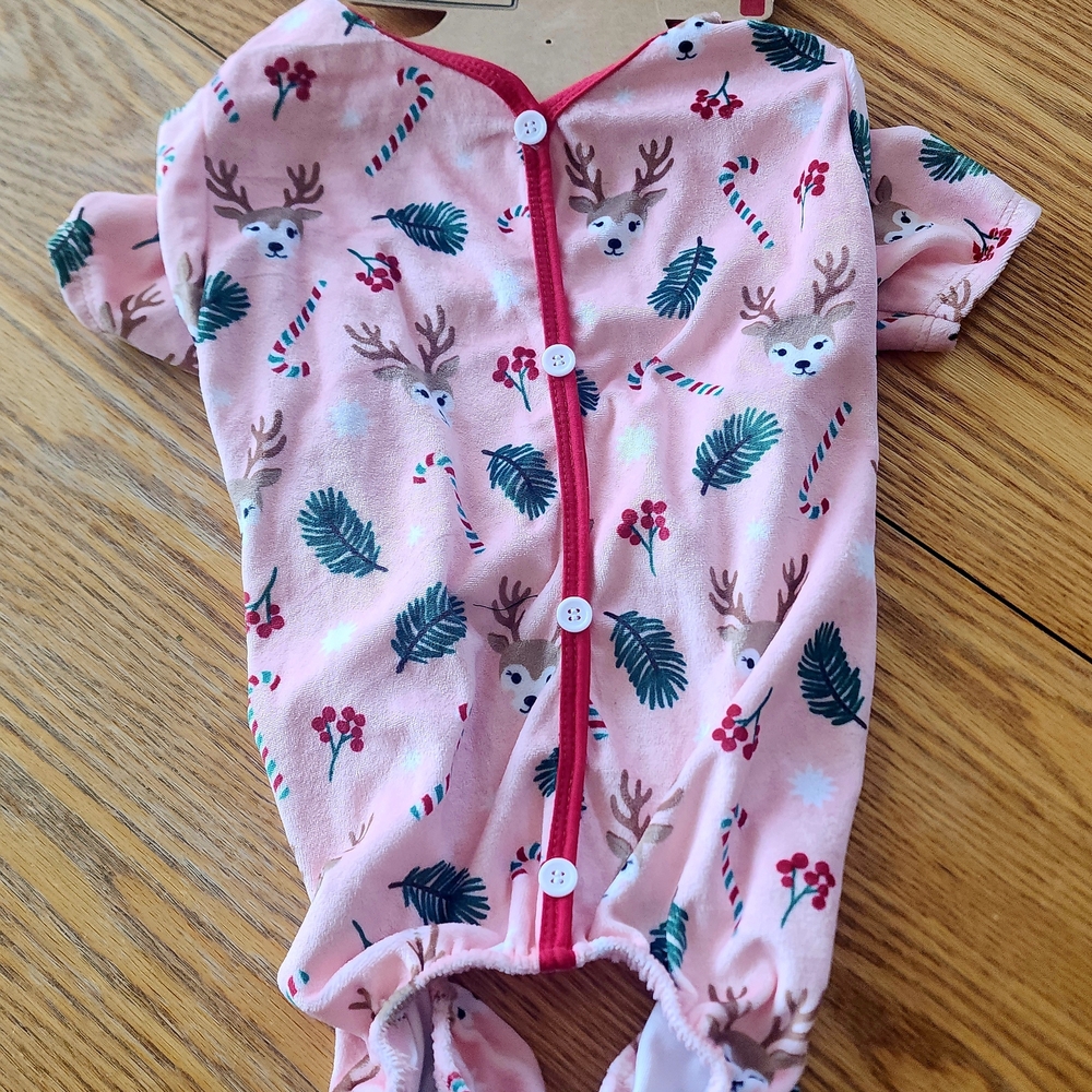 Cute Christmas Dog Pajamas - Pink Reindeer and Candy Cane One Piece Size Large